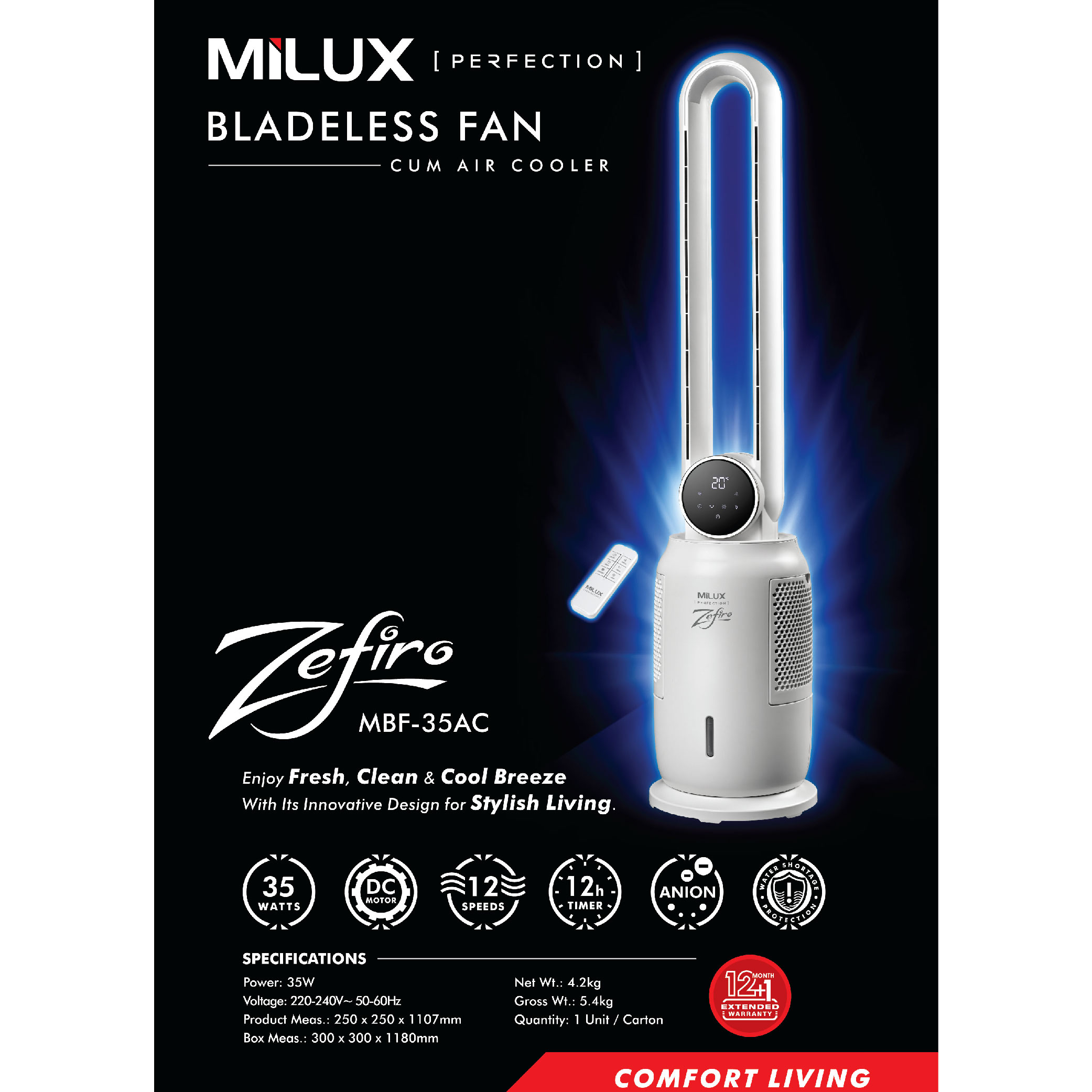 Milux R/Control Bladeless Fan with Air Cooler MBF35AC